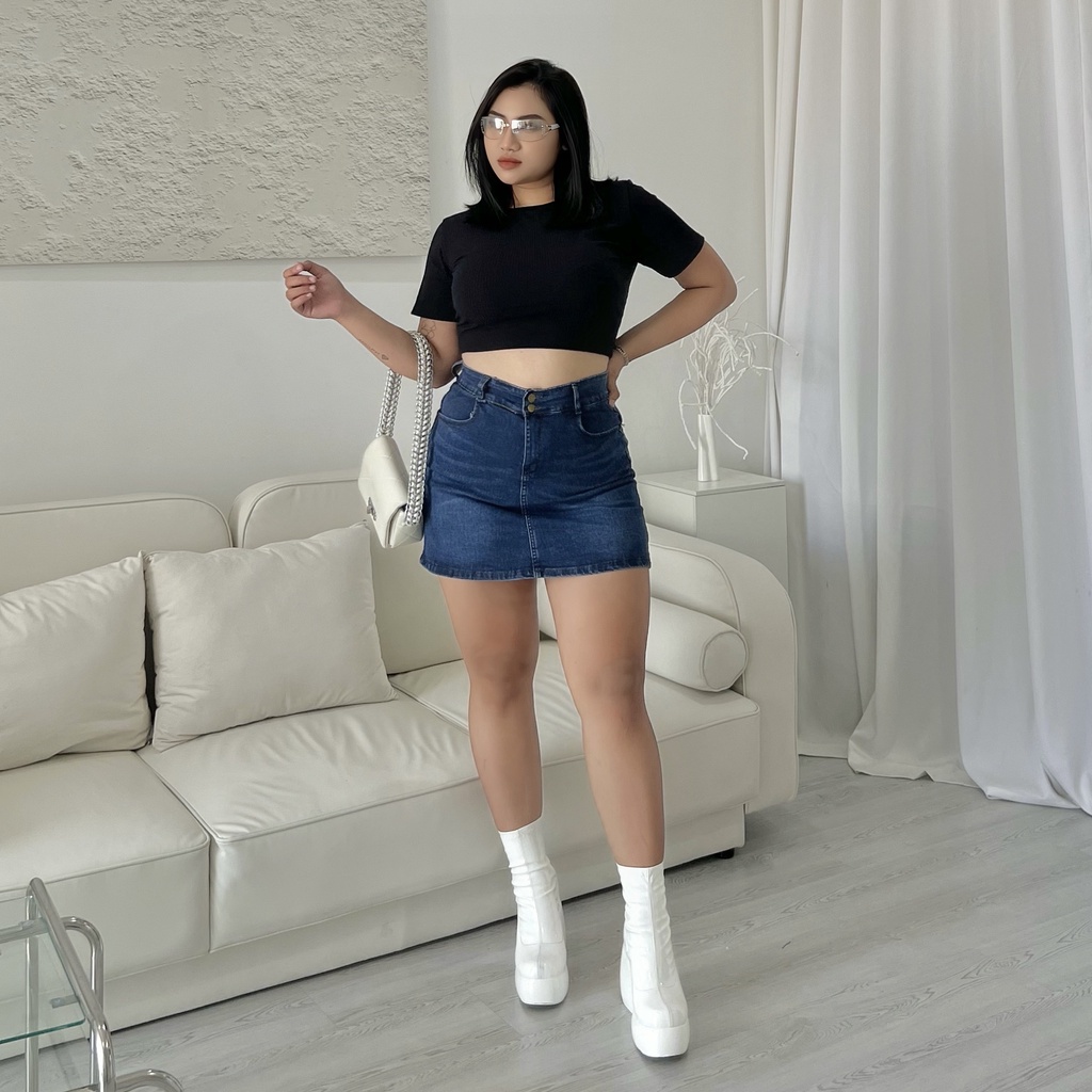 Chân Váy Jean Xanh Đậm Cạp Cao 2 Nút Bigsize Nữ ( 50 - 90Kg ) Chân Váy Bò Có Quần Trong Lưng Cao - HOANH BIGSIZE