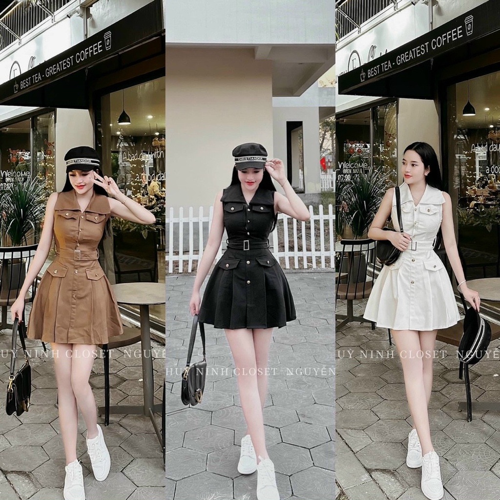 Váy đầm dự tiệc thời trang nữ sang chảnh chất cotton lạnh cổ sơ mi không tay đính nút có túi váy xoè midi