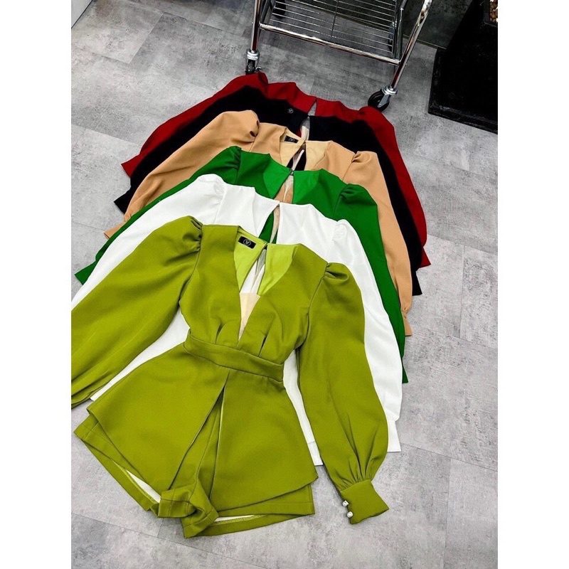 Jumpsuit nữ tay phồng nhấn eo cổ V hở lưng-hình thật.