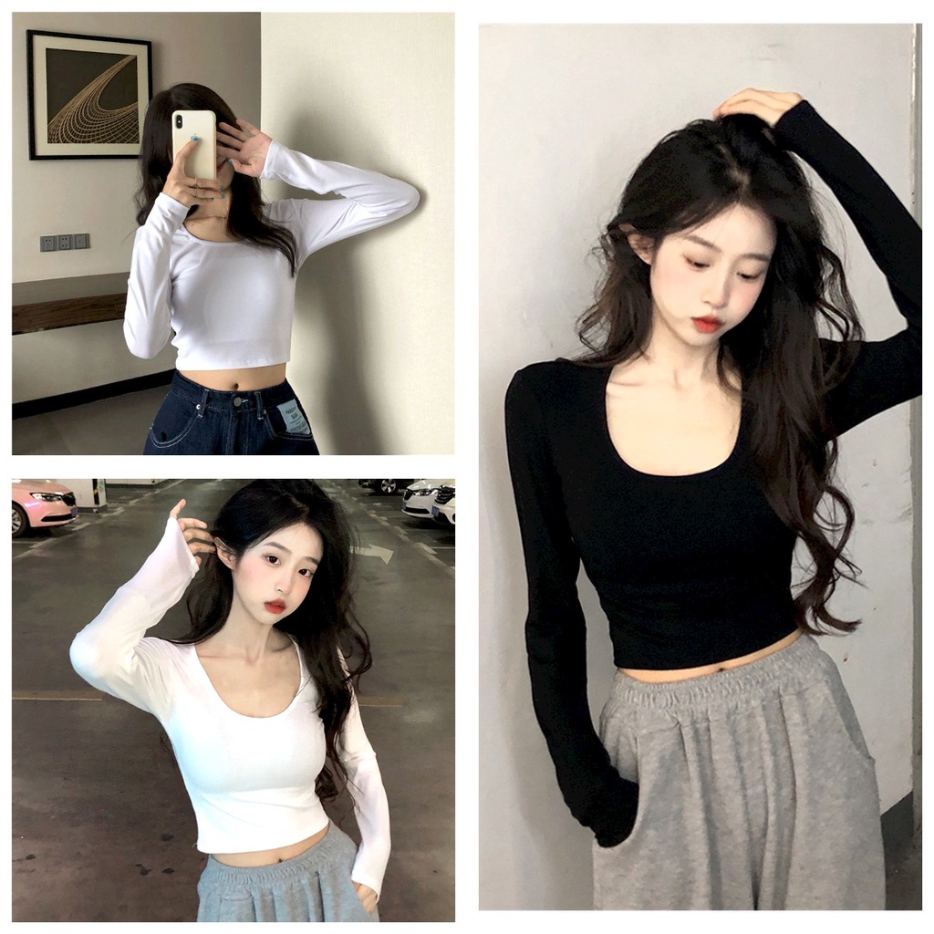 MS01- Áo croptop tay dài cổ tròn basic