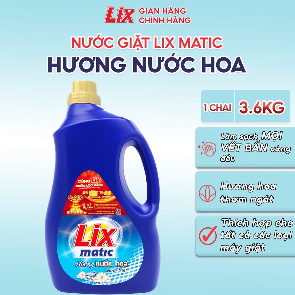 Nước giặt Lix Matic hương nước hoa chai 3.6kg NGM40 giặt tẩy đánh bay vết bẩn cứng đầu, giặt cửa trước - Lixco Việt Nam