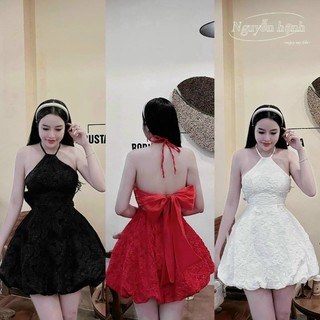 Váy gấm cổ yếm hở lưng thắt nơ sau dáng xòe cực xinh