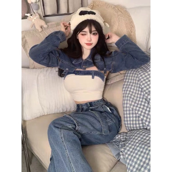 Set áo croptop jean + áo ống phối jean chất chơi