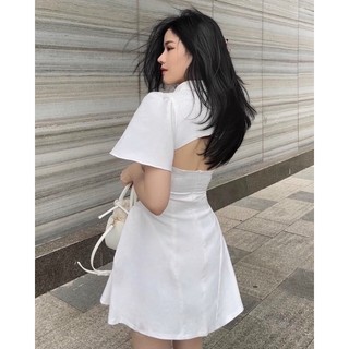 Đầm sơmi khoét lưng 2 màu trắng đen