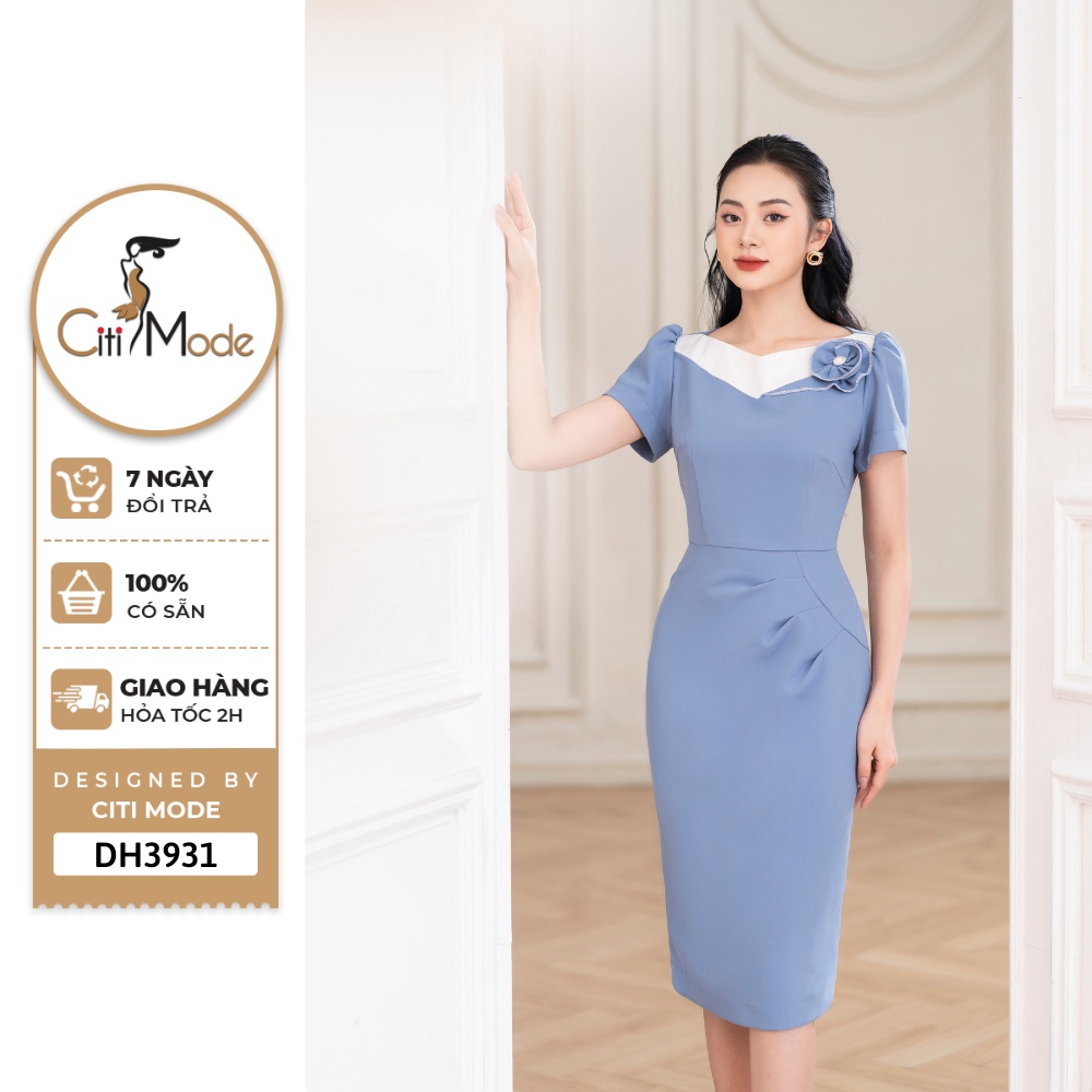 Đầm công sở CITI MODE FASHION thiết kế dáng ôm nhún hông đính hoa ngực DH3931