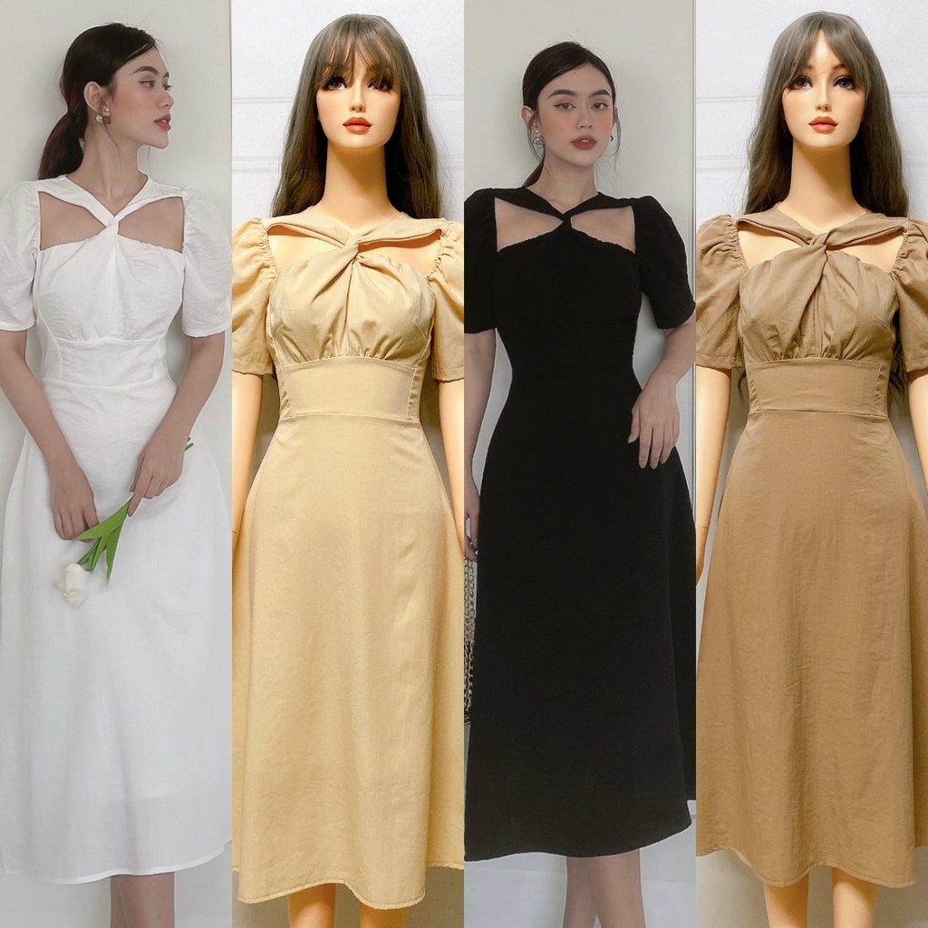 Đầm Dự Tiệc Chéo Ngực Tay Phồng Siêu Xinh HNK375