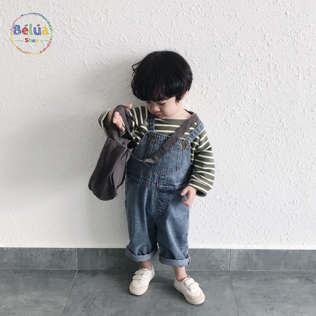 Quần yếm jean cho bé trai bé gái phong cách Hàn Quốc yếm bò trẻ em dáng dài, đi học đi chơi cho bé từ 8-25kg