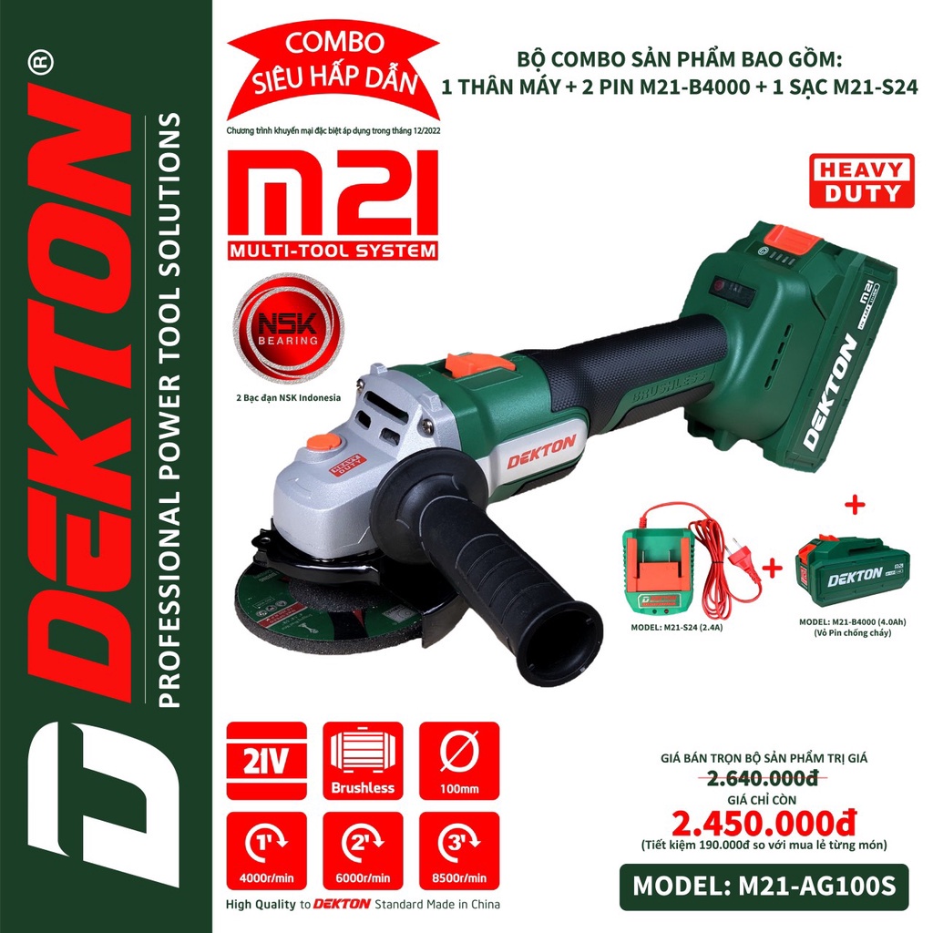 Máy Mài Pin Dekton M21-AG100S - Pin 21v -Không chổi than - Công Tắc Trượt - Chân Pin Phổ Thông