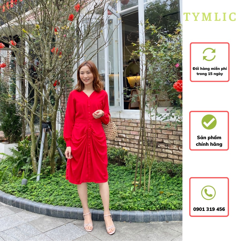 Đầm Lụa Cổ V Nhấn Bèo Tay Phồng Màu Đỏ TYMLIC