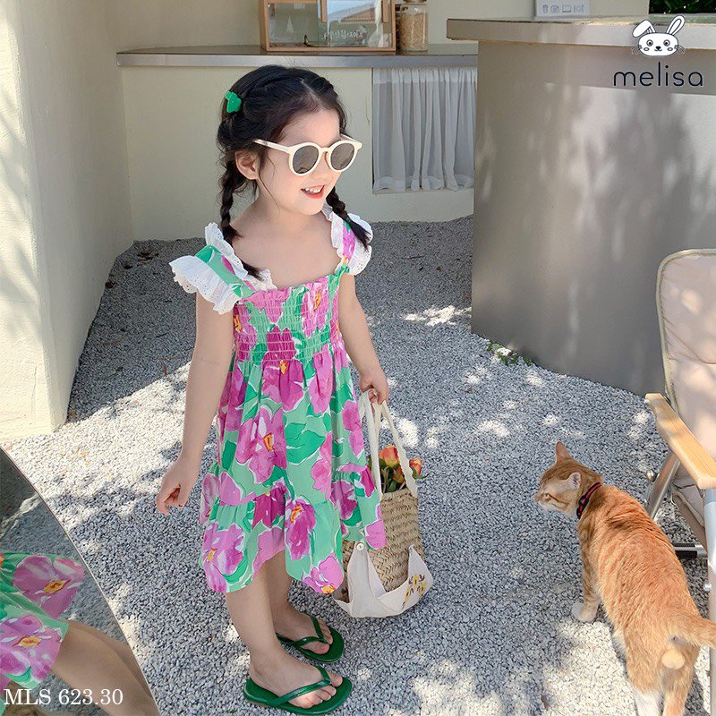 Váy thô Melisa màu xanh hoa hồng chun ngực vai phối ren trắng size 2 - 11y