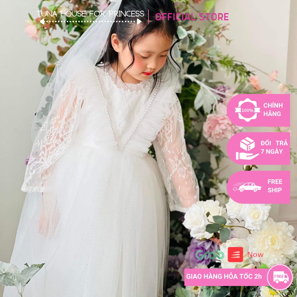 Váy đầm xoè công chúa thiết kế cho bé gái ren trắng dáng dài thướt tha - Tuna House For Princess
