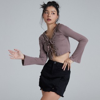Áo Croptop Ôm Tay Dài Thun Gân, Phối Nơ Cột, Thiết Kế Viền Bèo Trẻ Trung - Maybi Chính Hãng