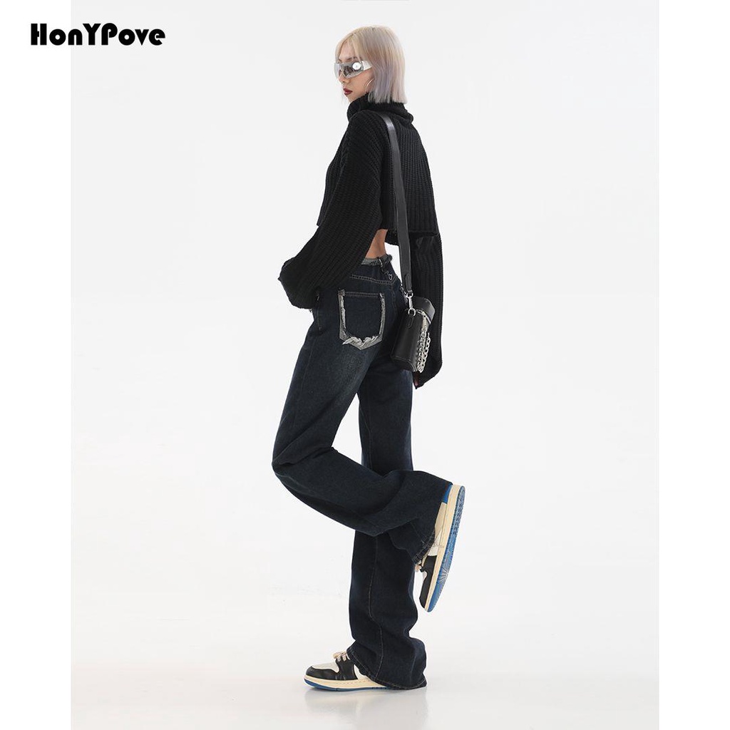 Honypove Quần Jean Nữ Ống Đứng Lưng Cao Phong Cách Retro Mùa Xuân Mới