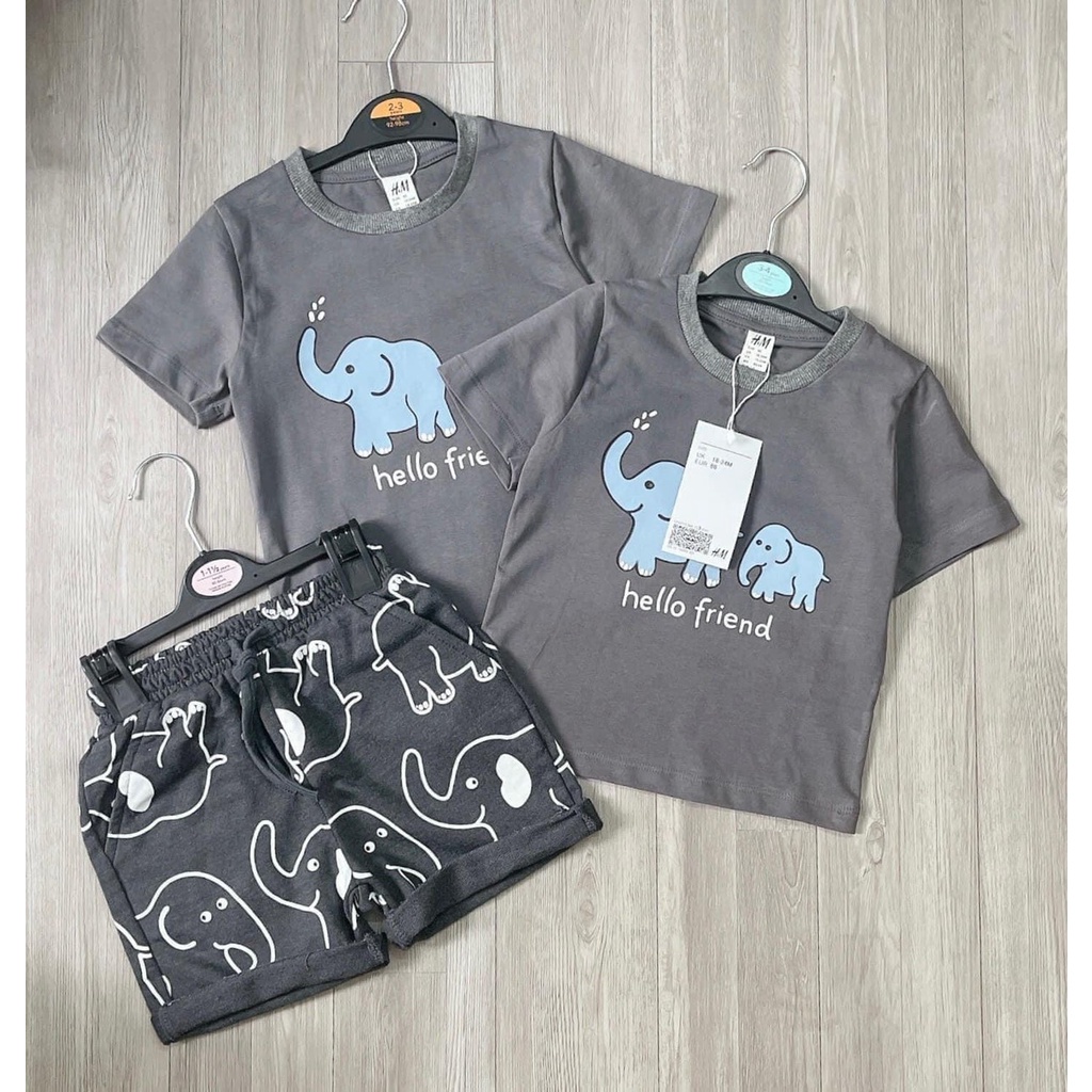 Bộ in hình con voi ngộ nghĩnh màu ghi xám chất cotton mềm cho bé