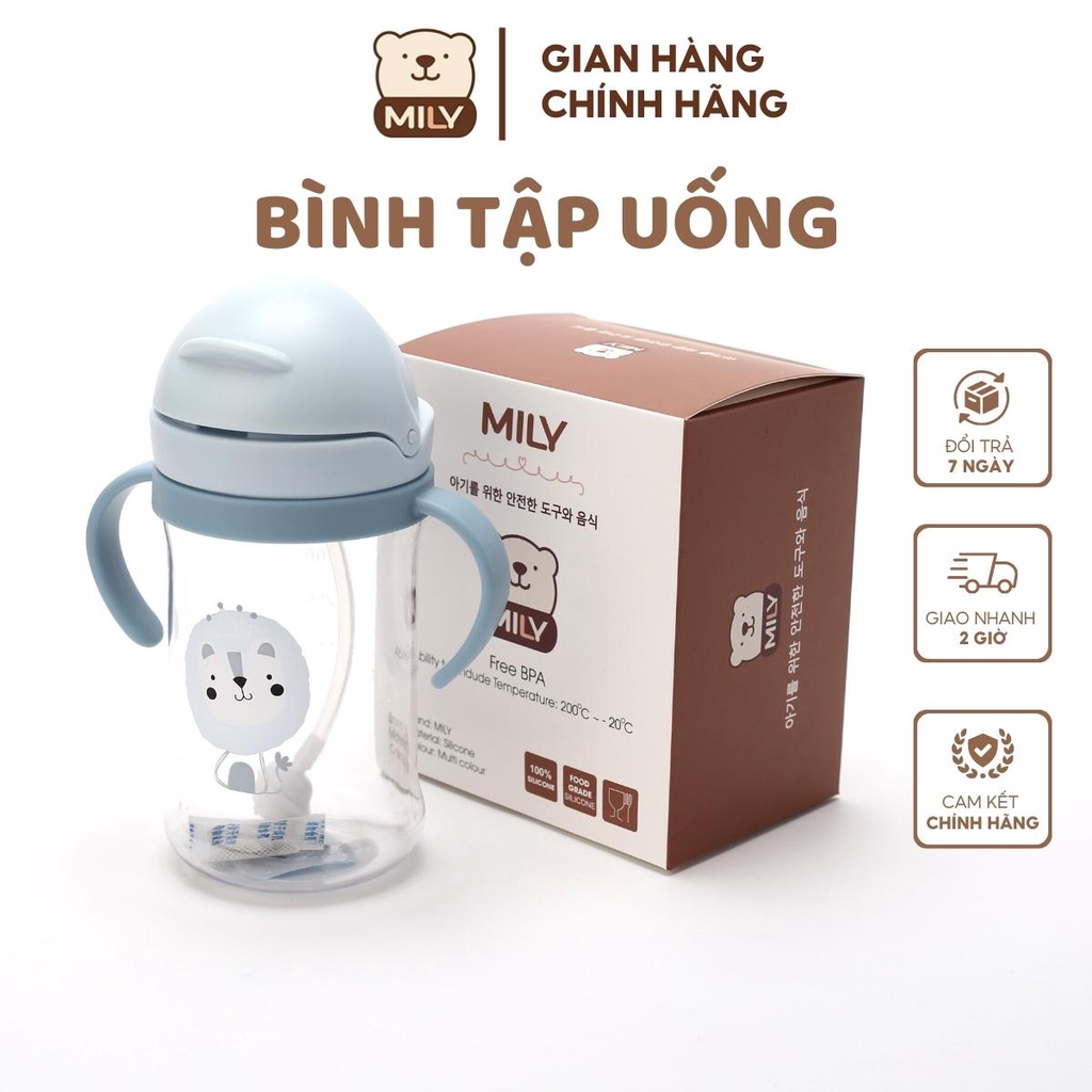 Bình tập uống nước chính hãng Mily 350ml có van chống sặc, có tay cầm cho bé từ 7m, nhựa PP CC an toàn