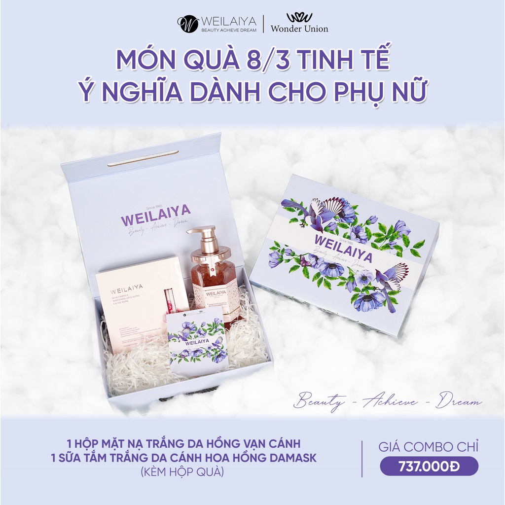 Set quà Sữa tắm trắng da cánh hoa hồng Damask và mặt nạ dưỡng trắng, phục hồi da Weilaiya