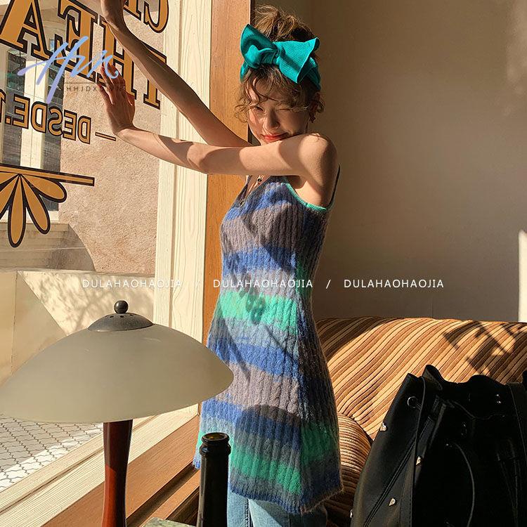 Áo Dệt Kim Hai Dây Dáng Rộng Họa Tiết Kẻ Sọc Màu Sắc Tương Phản Phong Cách Hong Kong Thời Trang Mùa Xuân 2023