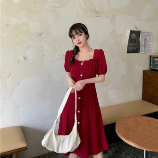 Đầm cổ vuông nút ngọc 2 màu