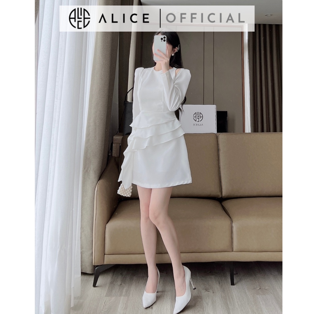 Váy Cổ Tròn Dài Tay Khoét Lệch Vai ALICE Chất Tuyết Mưa Cao Cấp, Lót Lụa, Mặc Đứng Form Thanh Lịch Sang Trọng V900