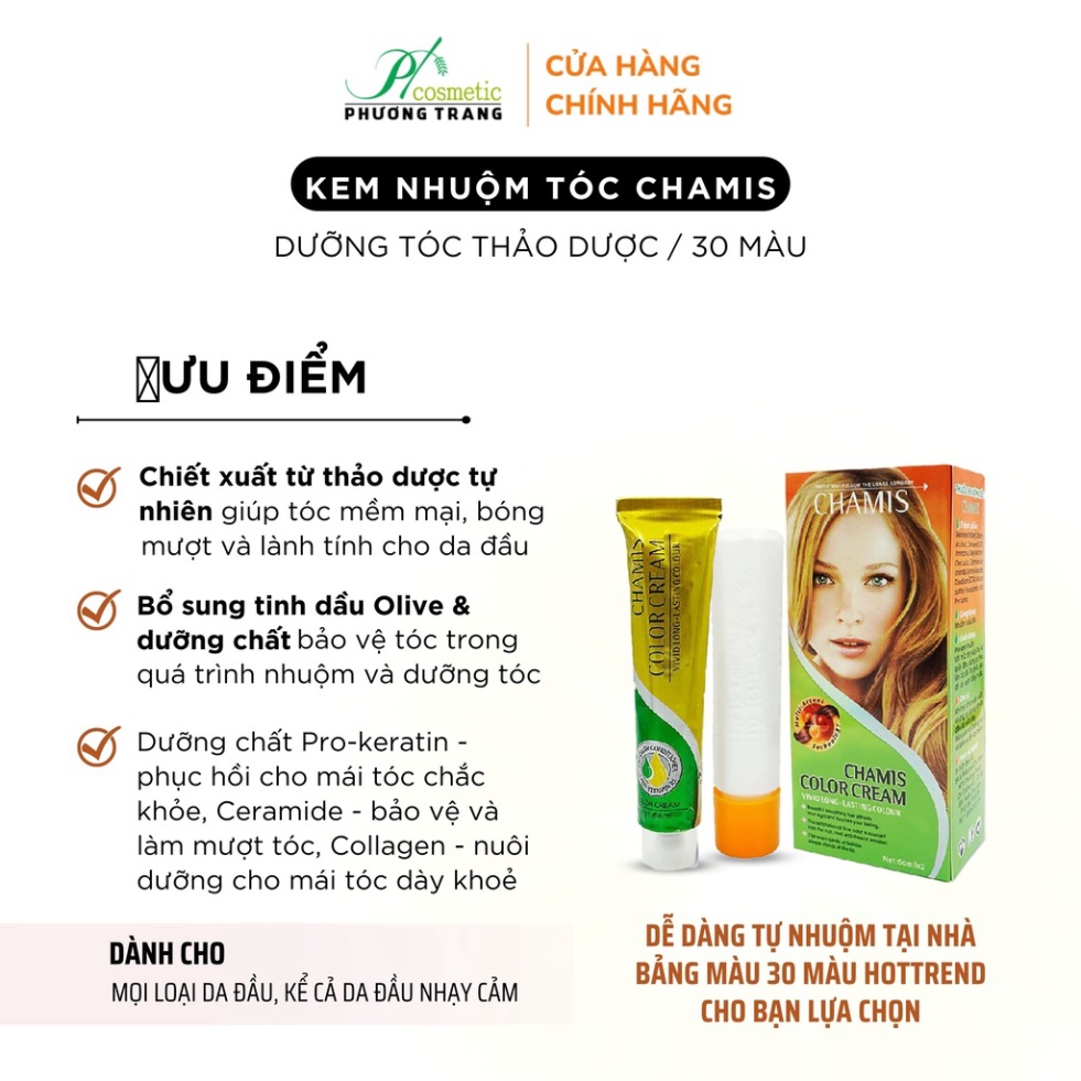 Thuốc Nhuộm Dưỡng Tóc CHAMIS 30 màu thời trang - Không Đau Rát Da Đầu, Giúp mềm mại, bóng mượt - Tuýp 60g