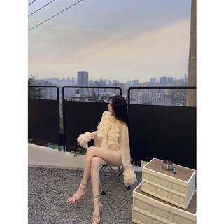 Áo sơ mi voan phối bèo tay loe thắt nơ tiểu thư