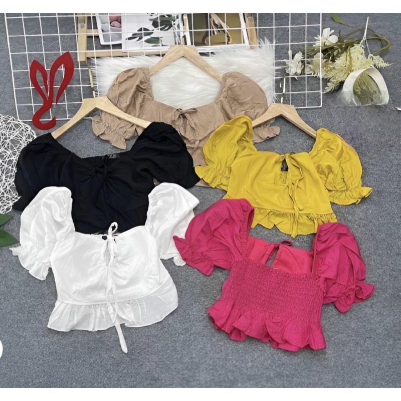 Áo Voan Croptop kiểu xoè nhún lưng nơ rút ngực tay phồng