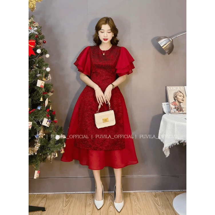 Đầm gấm tay cánh tiên áo dài cách tân