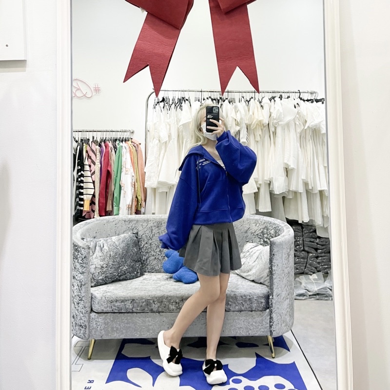 Áo Hoodie Zip BAMBILAB Form Ngắn màu Xanh Coban