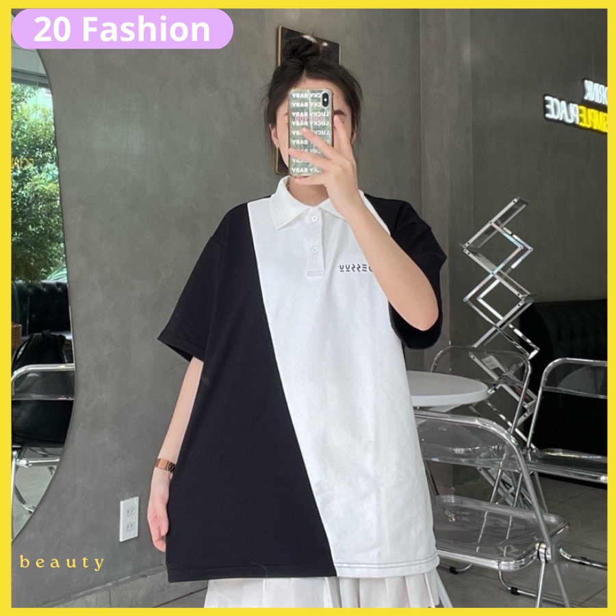 Áo polo chữ hàn phối màu,from dáng rộng.phong cách cách thời gian thể thao