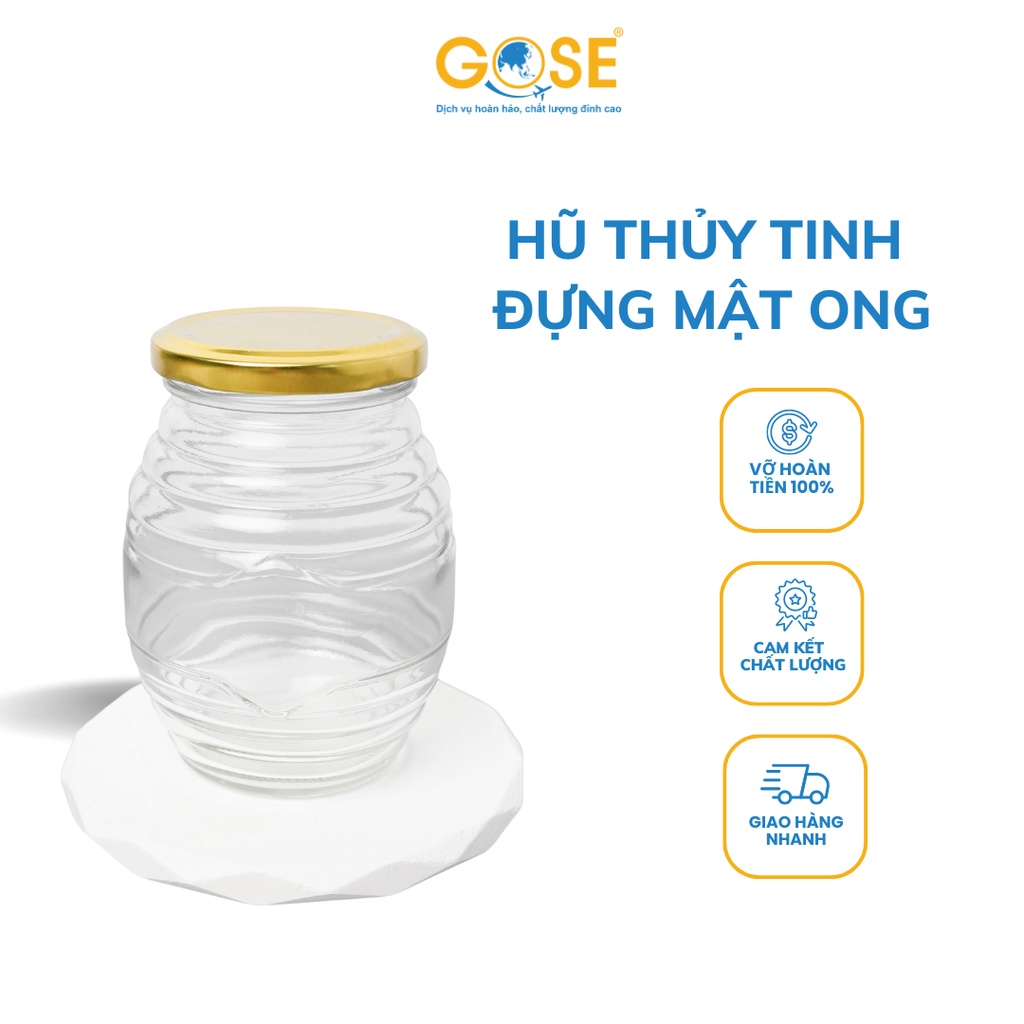 Hũ thủy tinh đựng mật ong 350ml GOSE đựng thực phẩm gia vị dạng tròn nắp thiếc