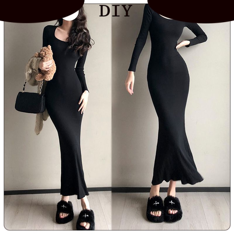 Váy body dáng dài Công chúa nàng tiên cá ôm mông, váy đuôi cá nữ dài tay, tôn dáng eo váy liền.
