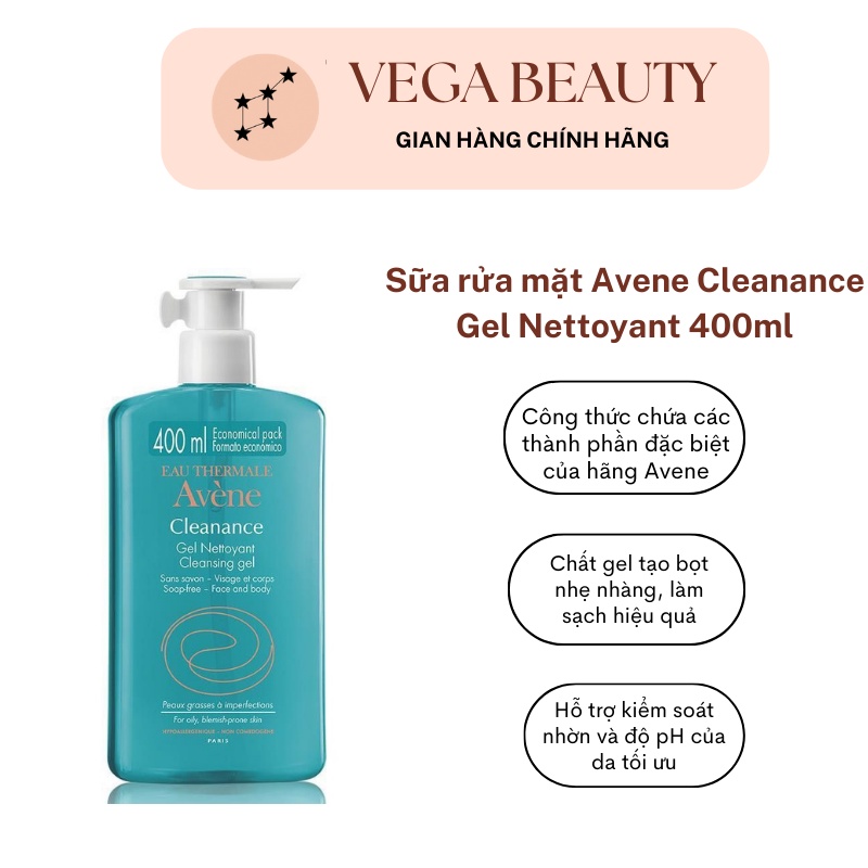 Sữa rửa mặt dạng gel Avene Cleanance Gel Nettoyant 400ml dành cho da dầu mụn và nhạy cảm Date T3/2024
