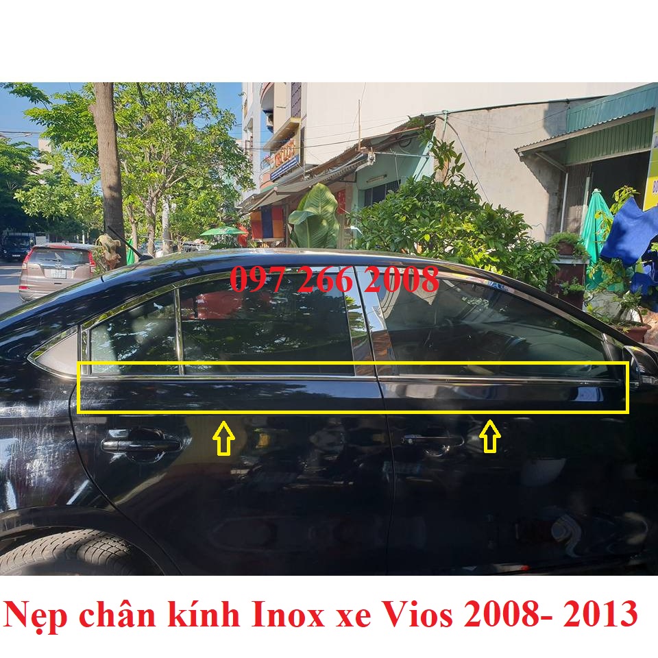 Nẹp viền chân kính xe Vios đời 2008 2009 2010 2011 2012 2013 mẫu inox sáng bóng, bộ 4 thanh