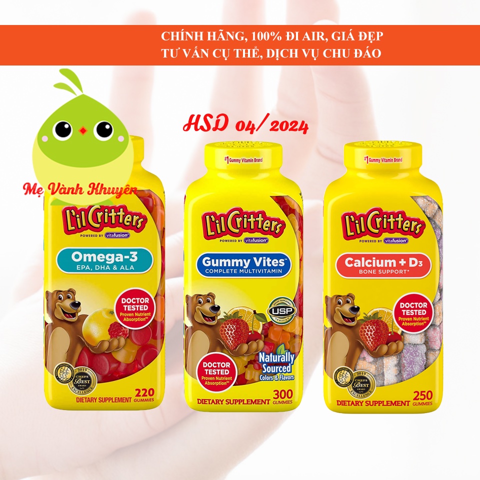 Kẹo dẻo Gấu cho trẻ L'il Critters Gummy Vites/Omega 3/Calcium D3, Mỹ (300/220/250v)