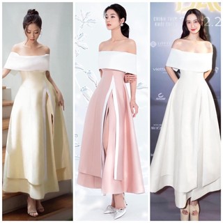 Đầm váy dự tiệc midi bẹt vai 2 tầng phối màu sang trọng