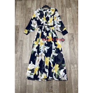 Đầm maxi voan hoa cổ wrap eo chun