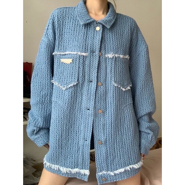 Áo khoác Denim dáng rộng màu xanh mint thêu dệt kim 2023