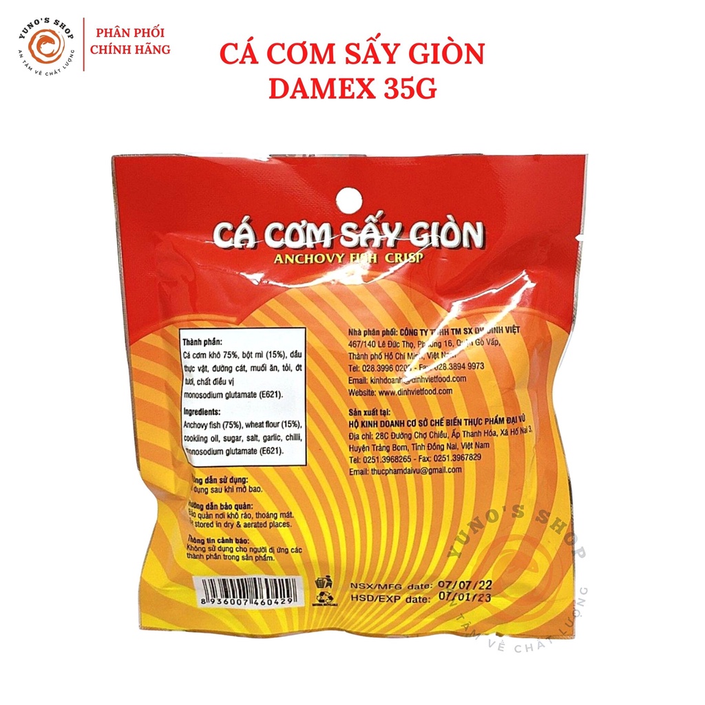 Cá cơm sấy giòn Damex gói 35g lăn bột tẩm gia vị ăn liền, đồ ăn vặt thơm ngon