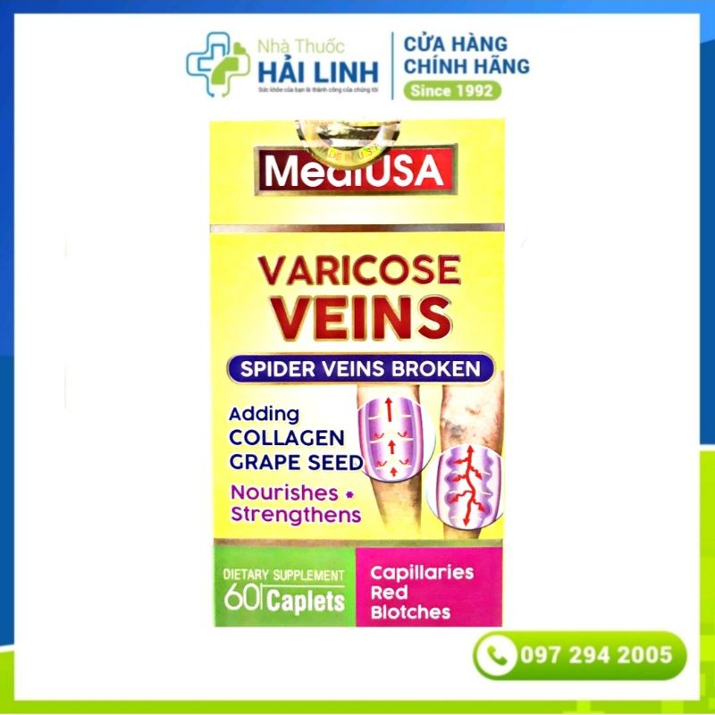 Viên uống hỗ trợ suy giãn tĩnh mạch MediUSA Varicose Veins⚡Nhập khẩu Mỹ⚡Hộp 60 viên giúp giảm suy giãn tĩnh mạch