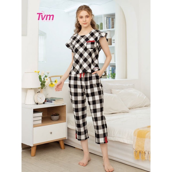 Bộ dài nữ ngắn tay B579 Tvm Luxury Homewear, chất liệu kate cotton