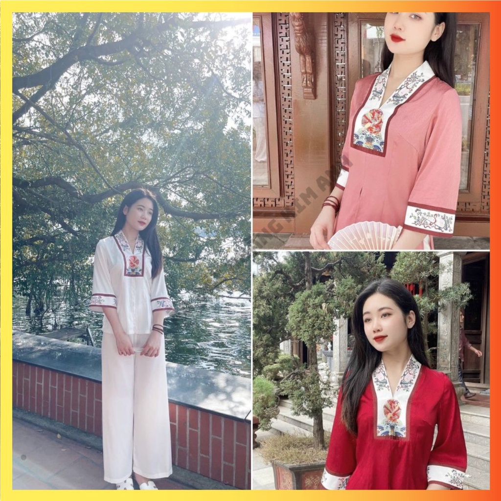 Bộ lụa áo bà ba lễ phục đi chùa - set đồ lam pháp phục la hán phật tử nữ thiết kế viền họa tiết chất lụa mềm mịn