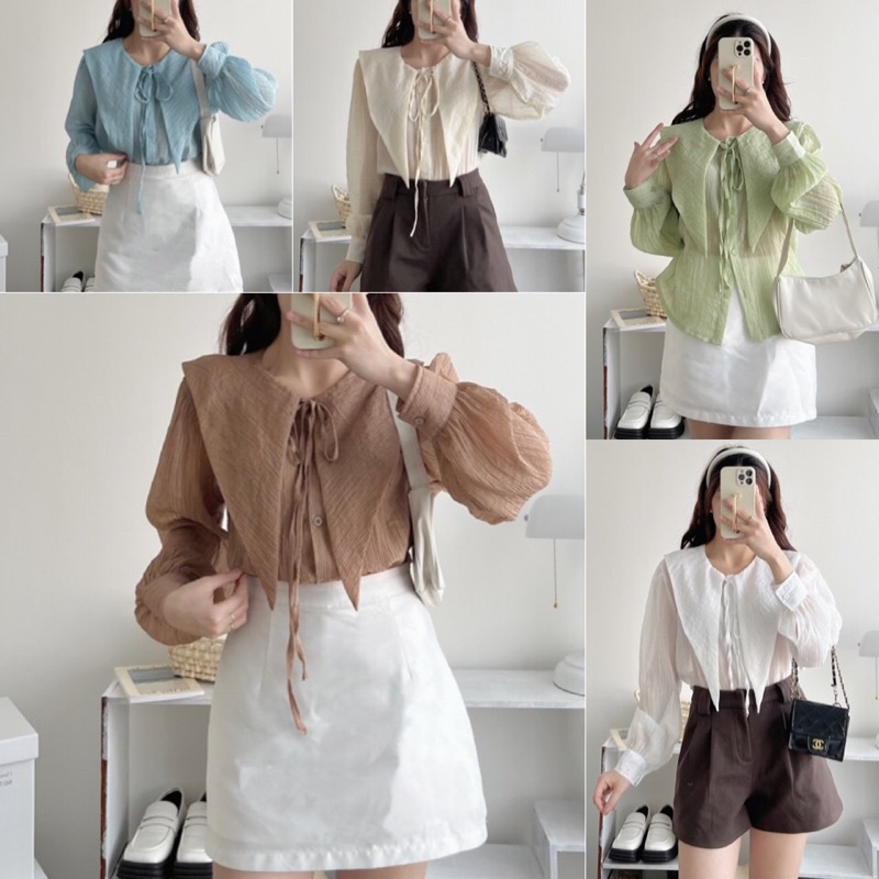 ( Loại 1 + Ảnh Thật ) Áo Sơ Mi Tơ Voan Cổ Sen Thuỷ Thủ Cột Dây Tay Dài 2 Lớp Ulzzang Vintage Màu Xanh Kem Trắng Nâu