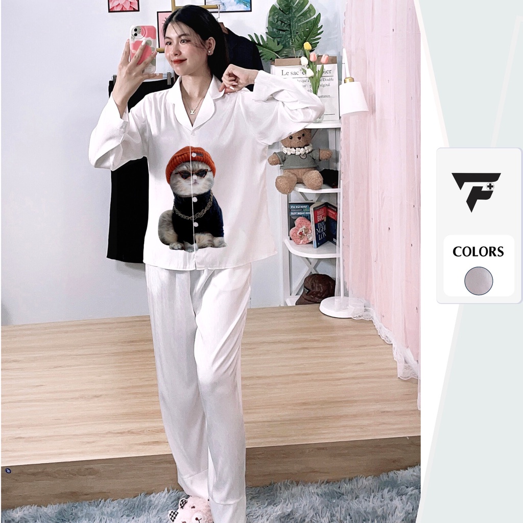 Bộ pijama in hình tơ tằm ÁNH KIM T8 mặc nhà mặc ngủ tay dài quần dài