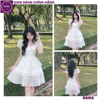Váy công chúa cổ yếm 3 tầng bánh bèo bồng bềnh, Đầm voan trắng 2 lớp tiểu thư điệu đà đi chơi đi tiệc cực xinh - HANA