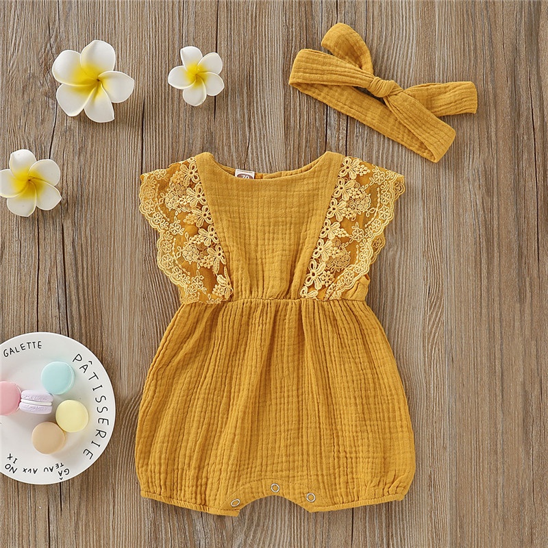 Bộ áo liền quần MIKRDOO chất vải cotton bodysuit tay cánh tiên kèm băng đô xinh xắn thời trang cho bé sơ sinh