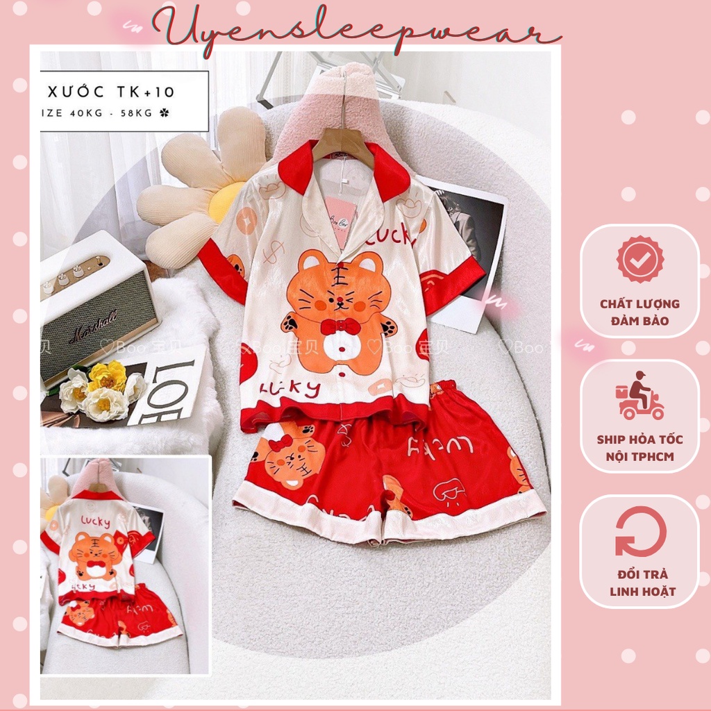 Đồ ngủ lụa xước gấu dâu tây lotso, họa tiết cute dễ thương chất liệu lụa xước cao cấp Freesize dưới 58kg fit 60kg