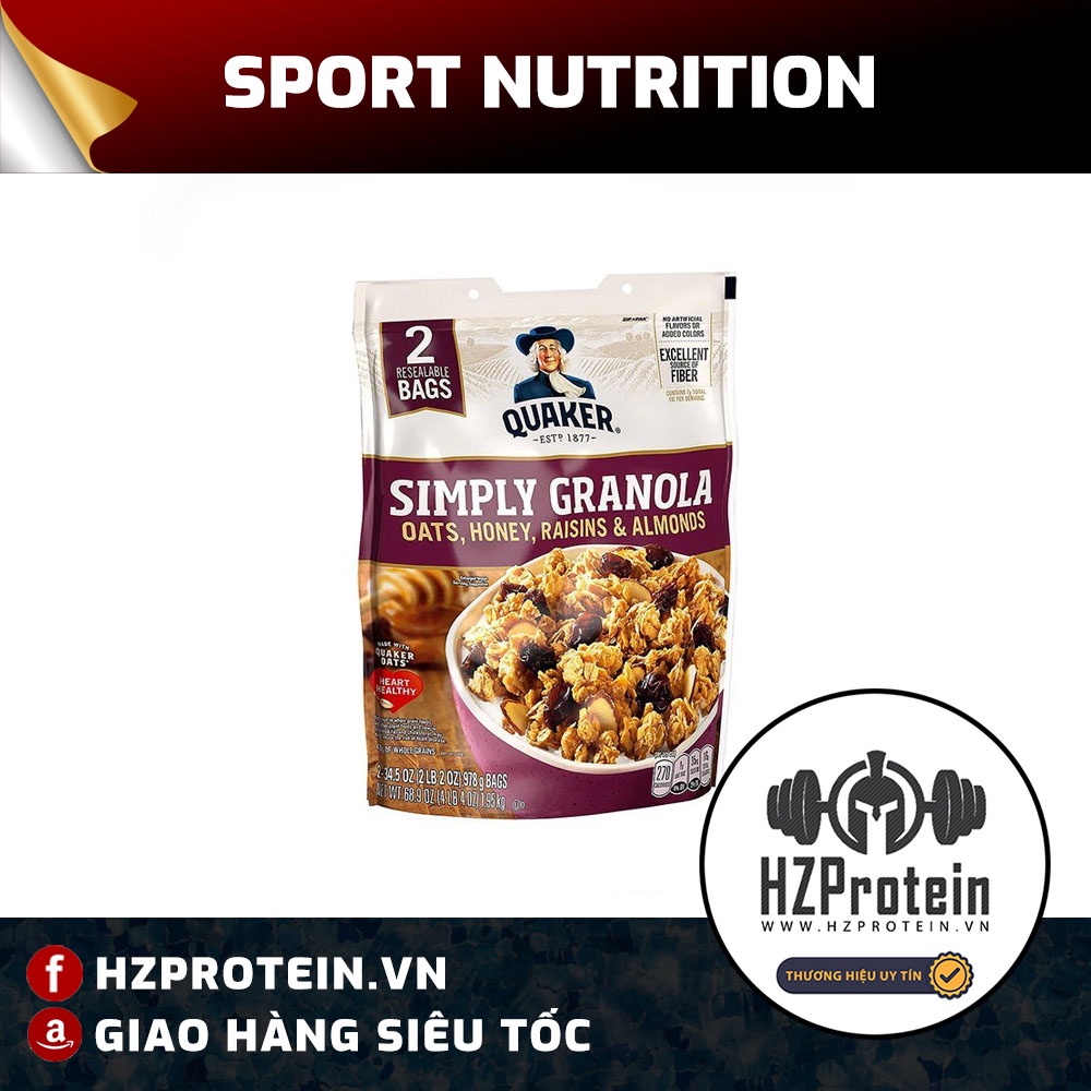 QUAKER SIMPLY GRANOLA - NGŨ CỐC YẾN MẠCH ĂN KIÊNG, TIỆN LỢI, YẾN MẠCH MIXED NHO KHÔ, HẠNH NHÂN, MẬT ONG