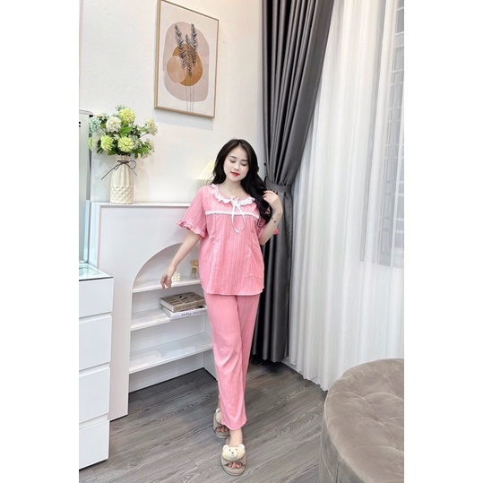 Bộ bầu trước và sau xinh phối cổ ren bèo xinh xắn,Freesize 3 màu xanh,vàng,hồng chất đũi xốp