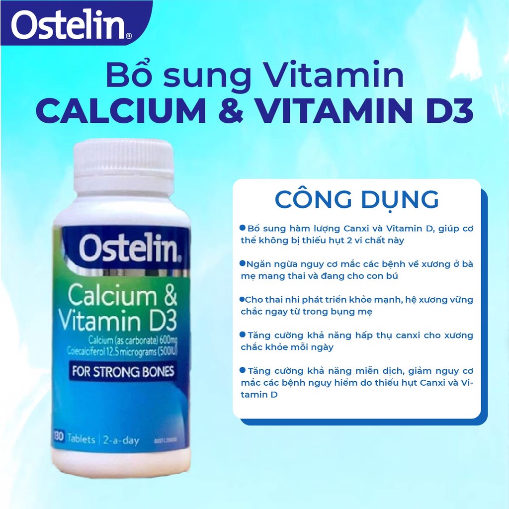 Viên uống bổ sung Canxi và Vitamin D3 cho mẹ bầu Ostelin Calcium & Vitamin D3 130 viên Úc