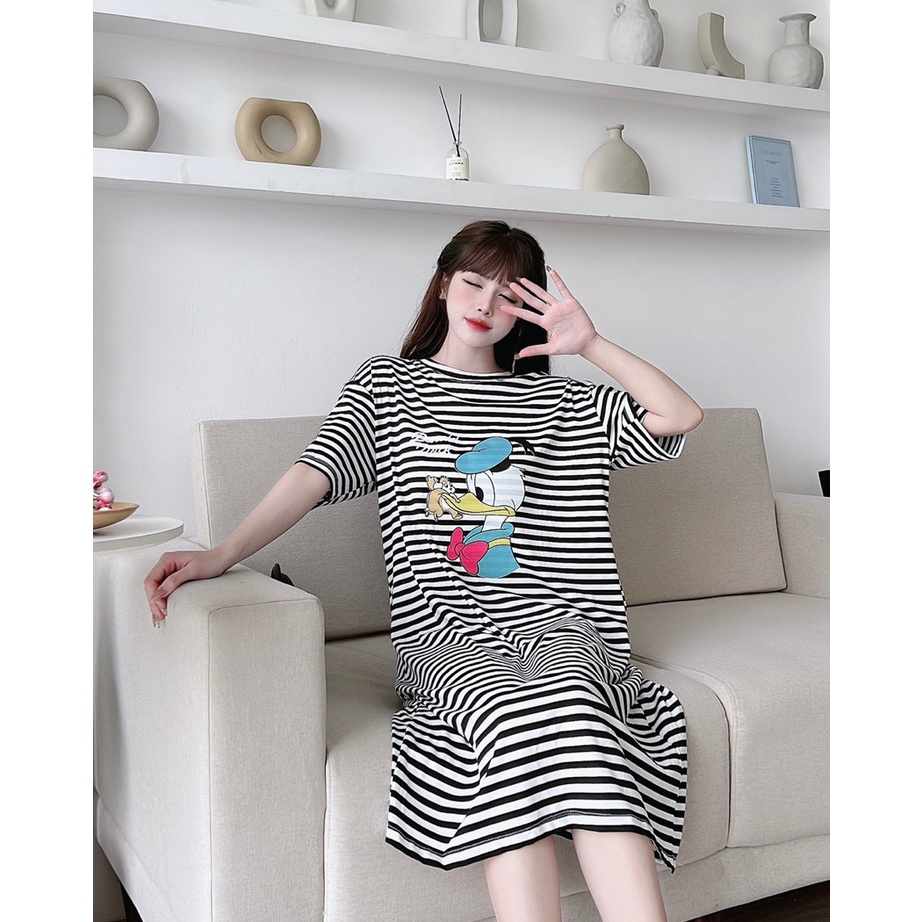 Váy bầu mùa hè chất thun cotton Dambauxinh Đầm bầu thời trang thiết kế kẻ sọc in hình đẹp sang chảnh